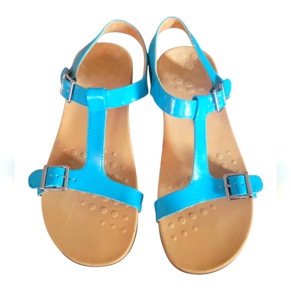 Vionic Women's Adriane Turquouse/Blue T-Strap Patent Buckle  Sandals Sz 9